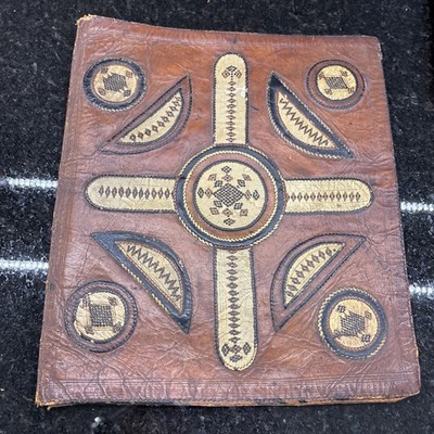 Vintage Fine Leather Hand Tooled Folio WGeometric White Leather Inlays WPockets