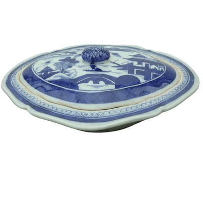 c1850s Chinese Canton Blue and White Covered Vegetable Dish with Lid