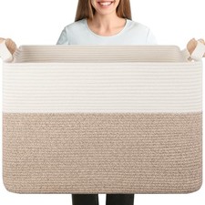 108L Cotton Rope Storage Basket for Living Room and Bedroom Brown  White