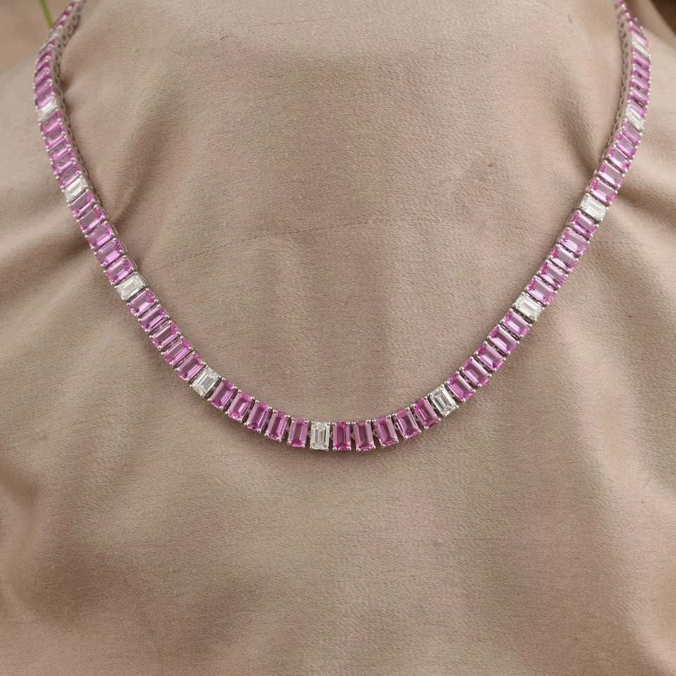 Pink Sapphire Natural H/SI Diamond Necklace Chain 18k White Solid Gold 32.19 Tcw - Image 4 of 4