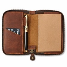 Leather Zippered Journal Cover, Pocket Notebook Full Grain Leather, Fits Tan