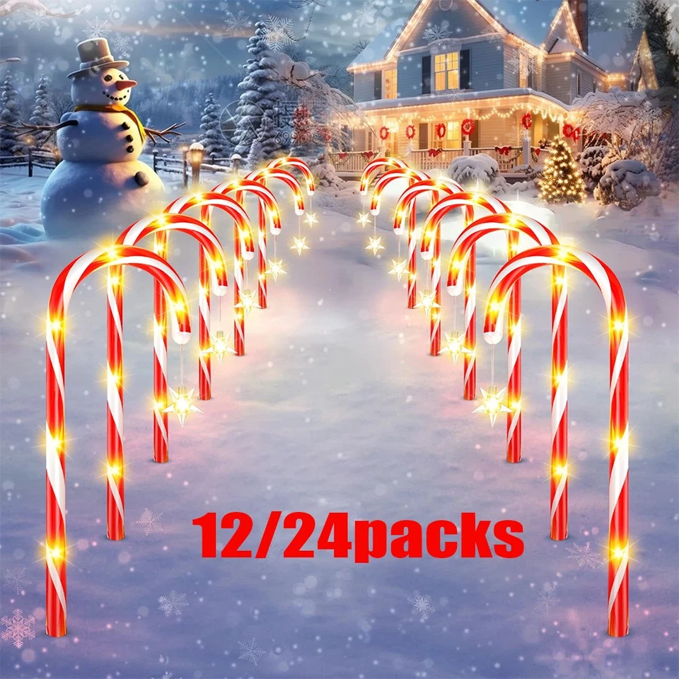 12/24PCS × Outdoor Solar Christmas Candy Cane Pathway Lights Outdoor Garden Lamp