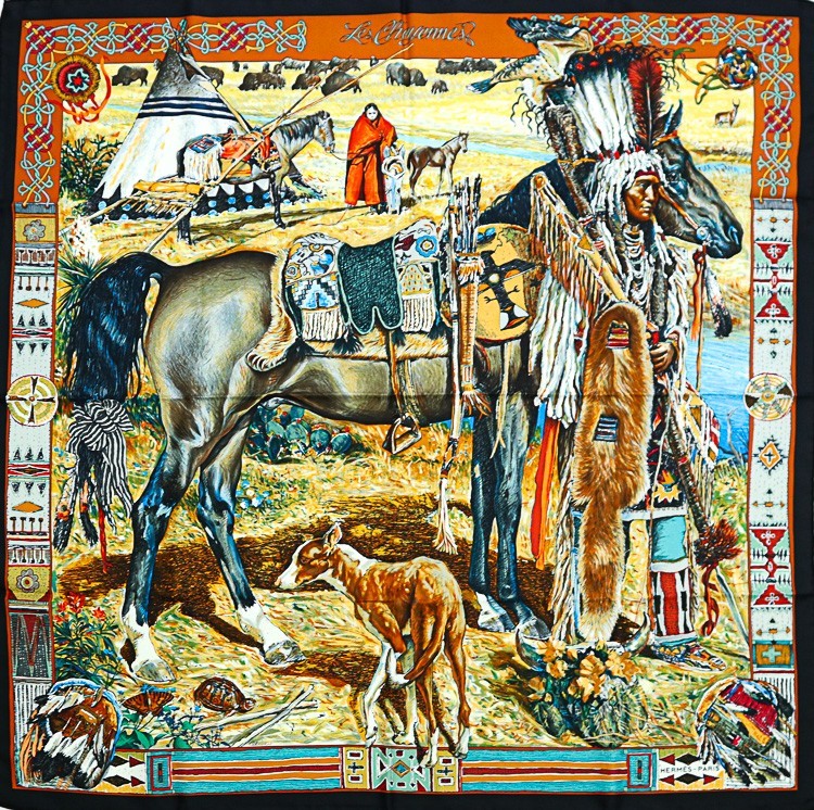 HERMES Carre 90 Silk Scarf Les Cheyennes by Kermit Oliver