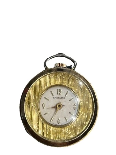 Vintage Caroline Swiss Made Pocket Watch Gold Tone Untested Winds Up Good