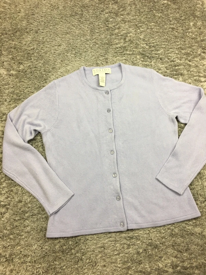 Cárdigan acrílico púrpura talla pequeña suéter abotonado Norton McNaughon para mujer Foto 3 de 4