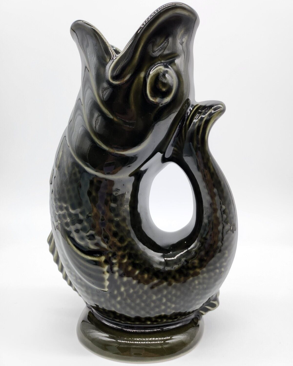Vintage Dartmouth Devon England Dark Green Fish Glug Vase, Highly