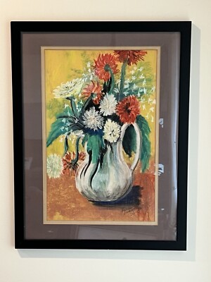 MCM Impressionist Still Life Original Floral Signed Drawing Painting Frances S
