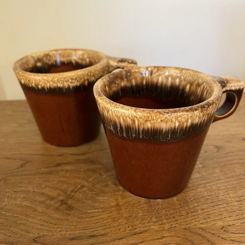 Hull Vintage Coffee Mugs Set of Two Brown Drip Glaze Oven Proof
