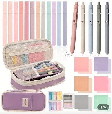 Pencil Case With 27 Piece Markers Sticky Notes Pens For Journaling School Purple