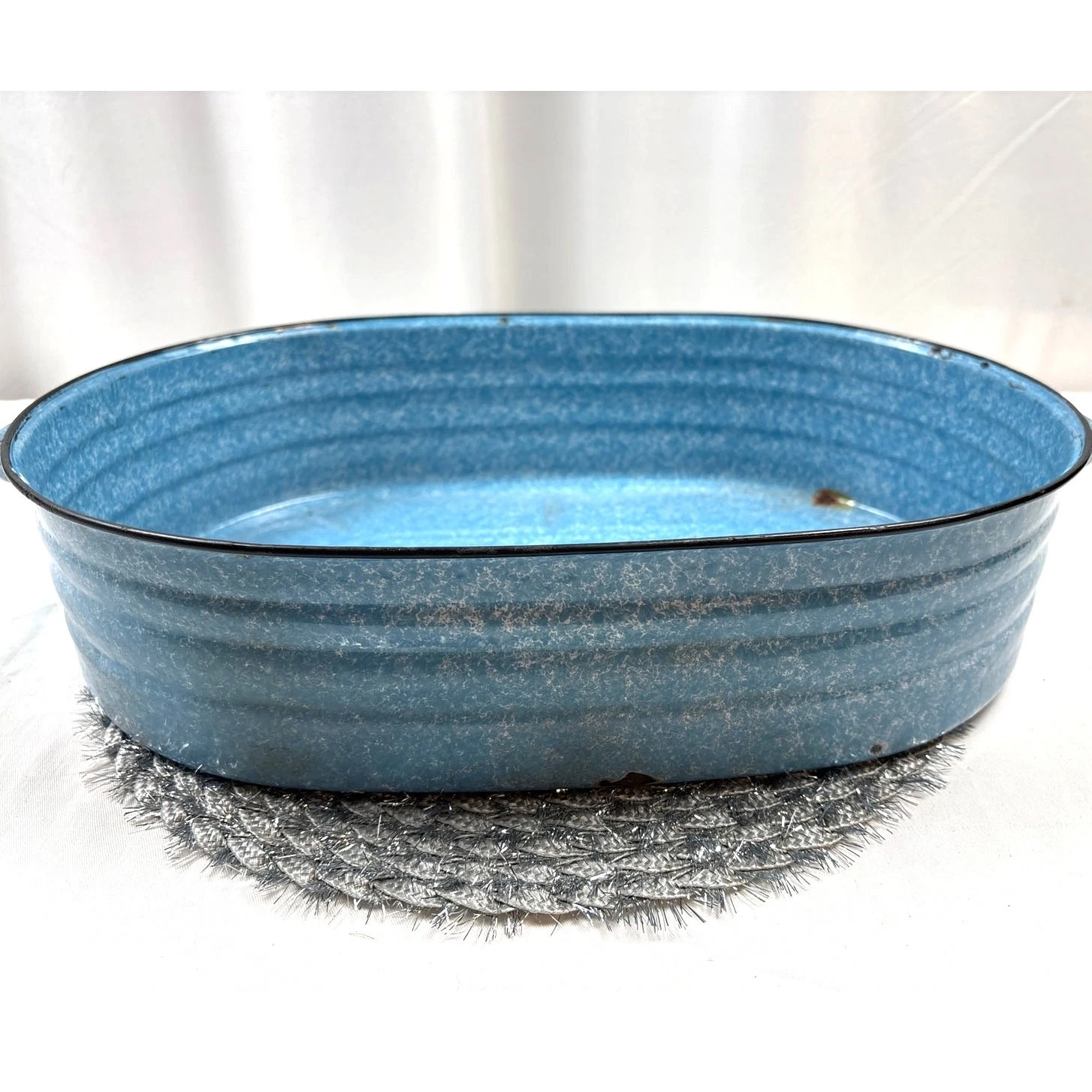 LISK Enamelware Roaster Top ONLY Speckled Turquoise Farmhouse Country Decor Vtg