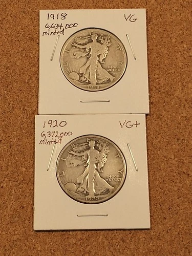 1918 VG & 1920 VG+ Liberty Walking Half Dollars, Undamaged
