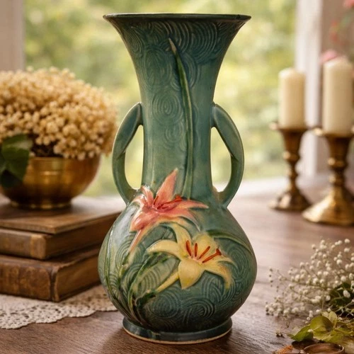 Roseville Pottery Green Zephyr Lily Double-Handled Vase 137-10 USA Mid Century