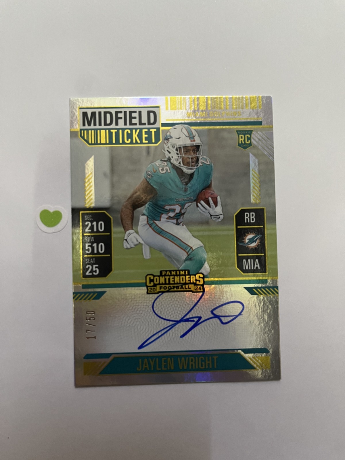 2024 Contenders Jaylen Wright Auto 17/50 Midfield Ticket RPS Dolphins #132
