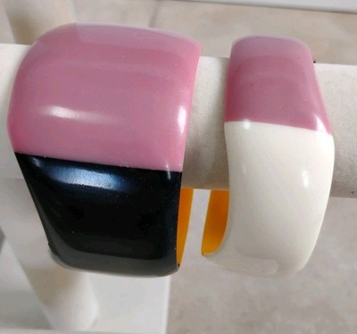 Vtg Set Wide Color Block Sz 9 Bangle Bracelet Wavy Asymmetrical Chunky Matching 