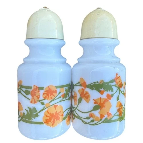 Vintage Milk Glass Salt & Pepper Shakers – Orange Poppies – 1970's