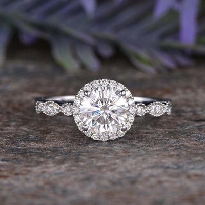 2.4 CT Round Cut Halo Moissanite Engagement Ring 14K White Gold Plated For Women