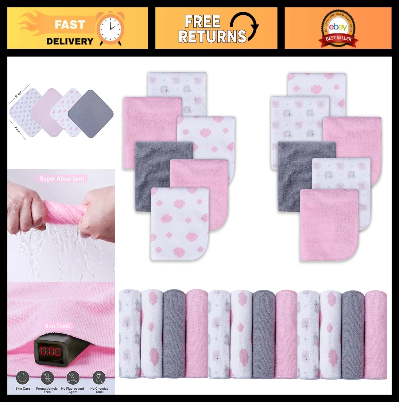24 Pack Baby Washcloths - Soft Absorbent Towels for Newborns, Gentle on Skin, 9x
Opens in a new wind