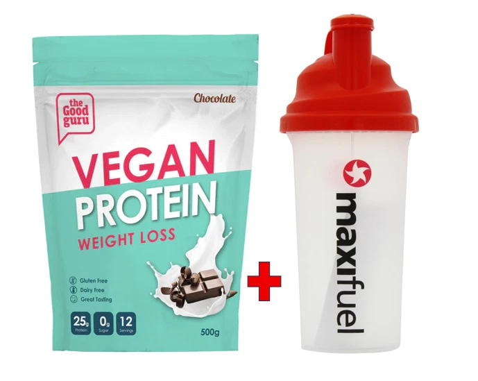 Vegan Protein Weight Loss Chocolate 500g Gluten Dairy free Good guru + Shaker