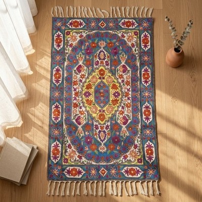 Cozy Floral Area Rug Handmade Kashmiri Chain Stitch Embroidered Carpet 3x5 Ft