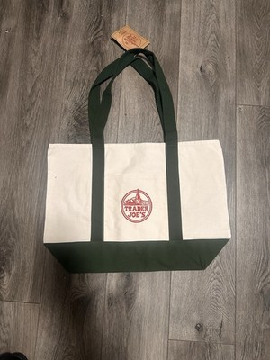 Trader Joe's Canvas Reusable Shopping Bag Foldable Beige Green Solid