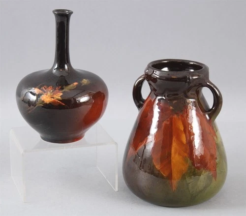 2 Antique c1900 WELLER Art Pottery Flowers & Leaves LOUWELSA Line Vases, NR