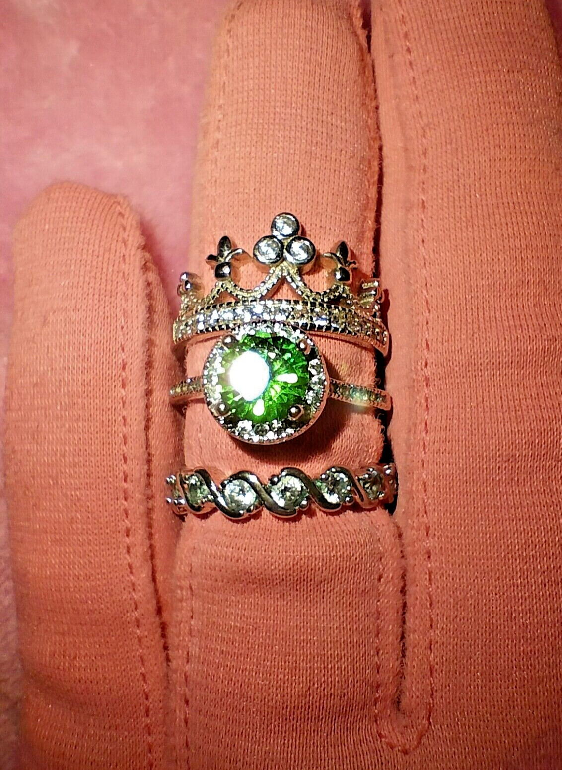 3 piece stackable ring set with green and clear c… - image 1