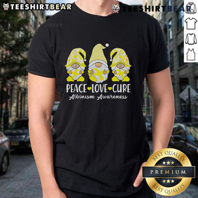Nice Peace Love Cure Albinism Cancer Awareness Ribbon Gnomies T Shirt