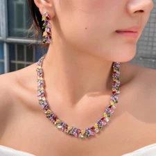 Silver Plated Multicolor Cubic Zircon Leaf Jewelry Set for Women Wedding Pageant