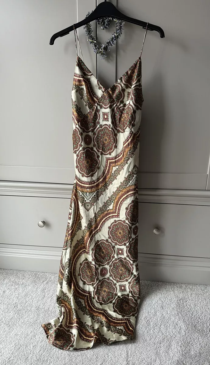 Topshop Pale Yellow Paisley Print Bias Cut Silky Cami Midi Dress