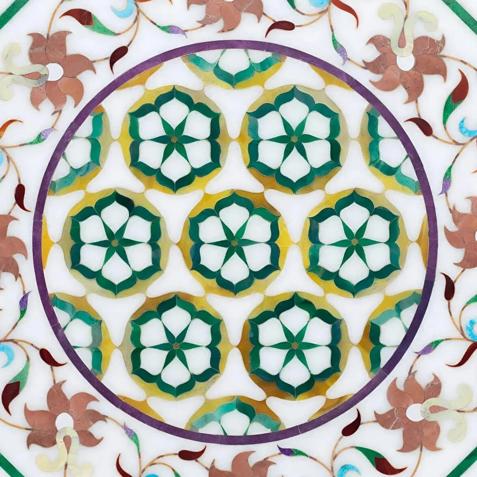 23" Handcrafted White Marble Table Top with Semi-Precious Stone Inlay – Stones - Image 2 of 4