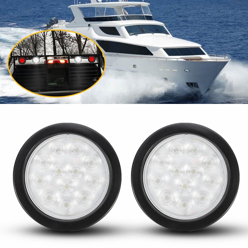 4-Inch White LED Round Tail Brake Stop Lights, 12V for Trucks & Trailers