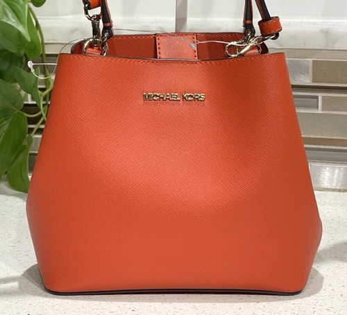 MICHAEL KORS PRATT SMALL BUCKET SHOULDER BAG CROSSBODY MK RED CLAY ORANGE GOLD