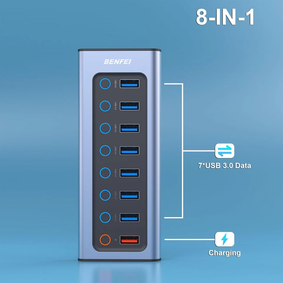 USB Hub 8-Port with Power Adapter | 7 USB 3.0 Data Ports + 1 Smart Charging Port - Image 2 of 4