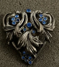 Vintage Scroll Leaf Design Blue Rhinestone Fur Clip Statement Piece