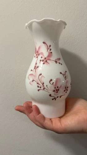 VTG Fenton Pink Floral Small 9” Ruffled Glass Hurricane Lamp Top Beautiful