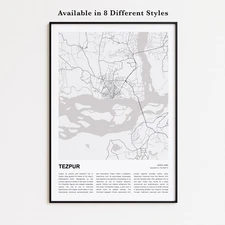 Tezpur City Map Print, Assam Travel Poster, Modern Map, Wall Decor Art