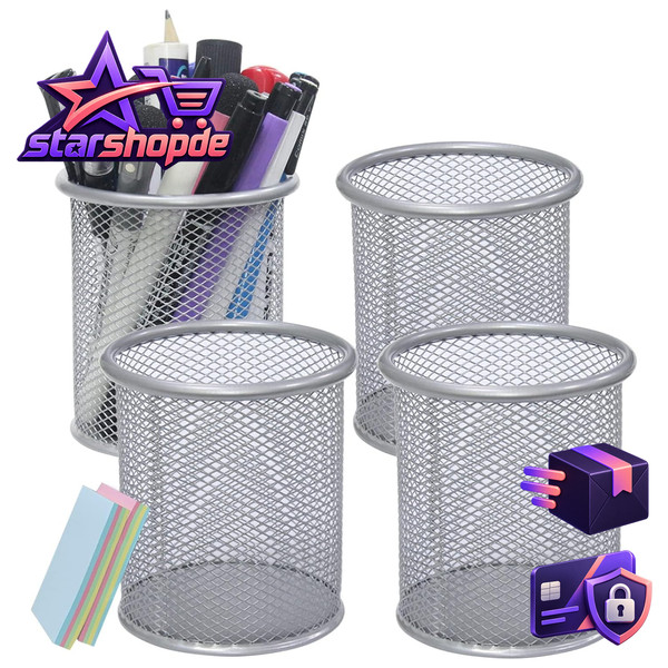 Stiftehalter Rund 4 StüCk Metall Silber Organizer Schreibtisch ZubehöR-image