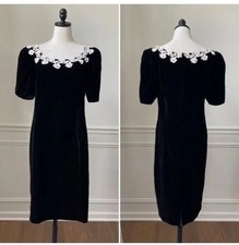 Vintage 90s Cachet By Bari Protas Black Velvet Midi Dress With White Flowers