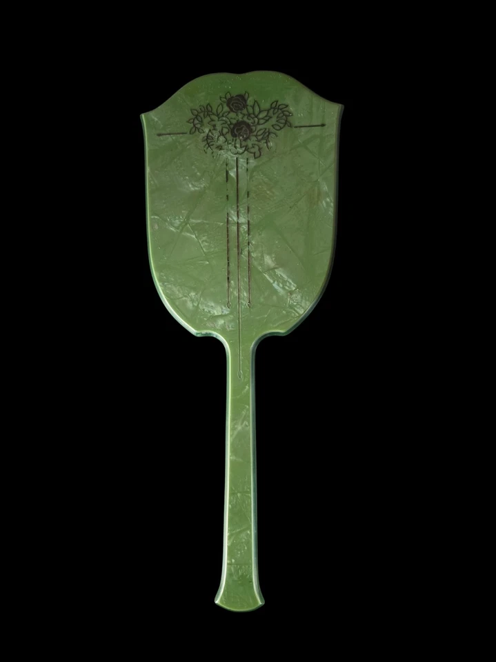 VINTAGE WILCOX ART DECO CELLULOID GREEN & AMBER PEARLIZED HANDHELD MIRROR - Image 2 of 4