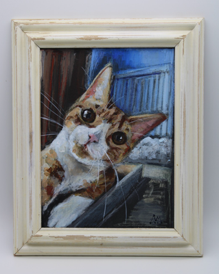 #ad Cute Artwork framed mixed media cat on paper Orange Tabby Rockn Palette $50.00