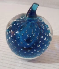 Hand Blown Bubble Art Glass Blue Apple Paperweight Rainbow Glass Broken Stem 4"