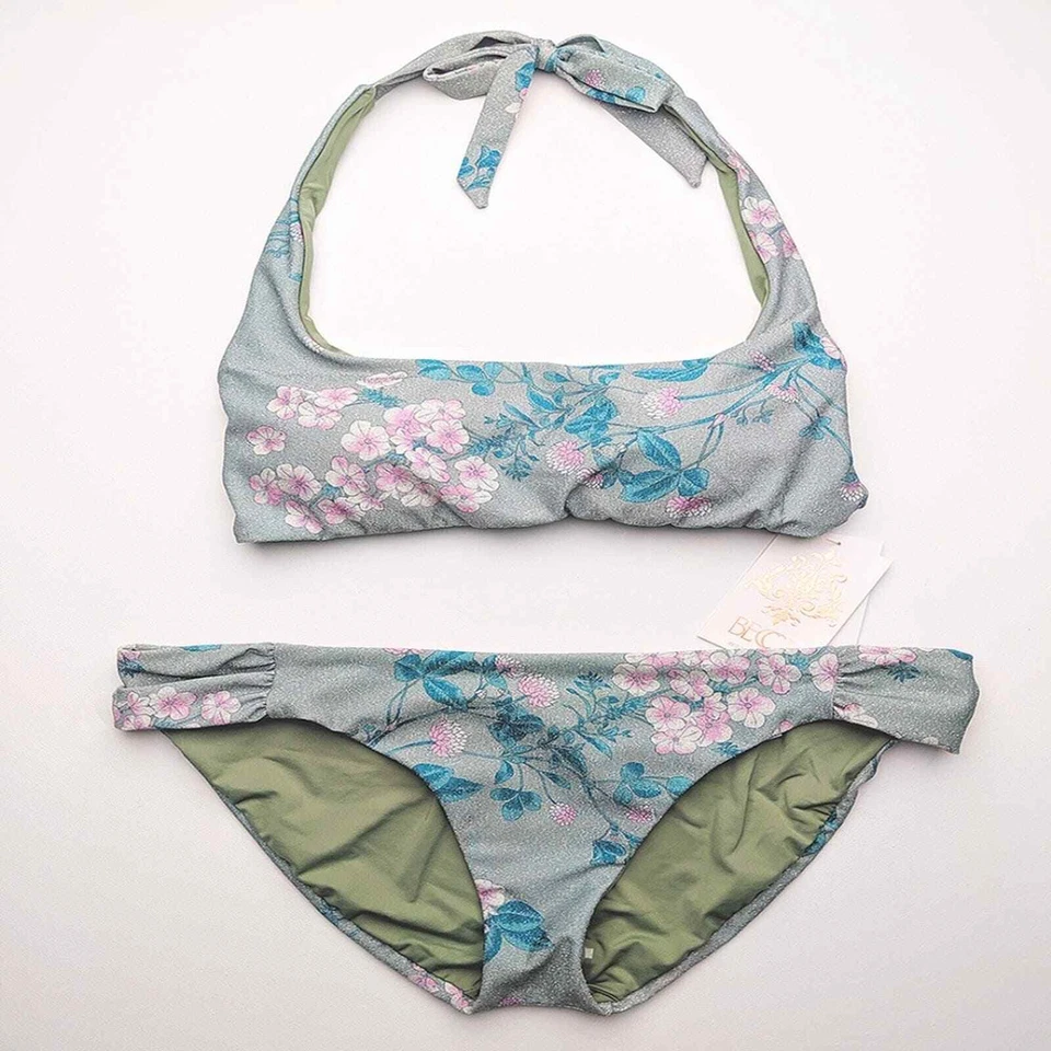 BECCA Women's Mojito Serene Metallic Floral Print Halter Bikini Large Green - Image 2 of 4