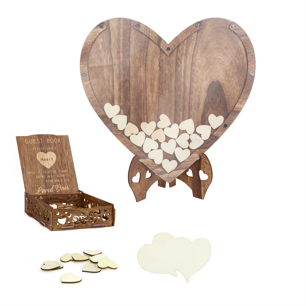 Guest Book Eco-friendly Libro Degli Ospiti Matrimonio Alternativo, Con Cuori Di Legno - Set Con 80 Cuori E Cornice A Forma Di Cuore Partecipazioni Matrimonio Personalizzate