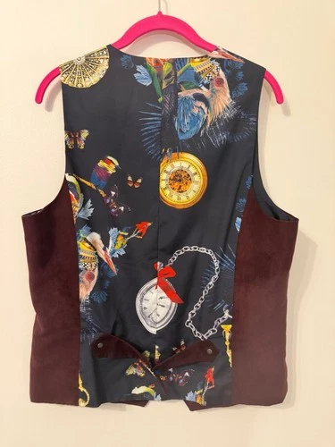 Paisley & Gray Mens M Slim Fit Vest Burgundy Faux Suede Pocket Watch Bird Print image 3