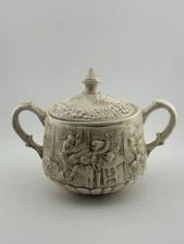 Vintage Staffordshire-Style Brown & White Relief Teapot – Tavern/Peasant Scene