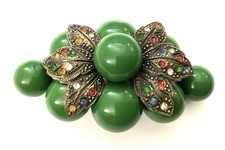 Brooch Pin c. 1910 Green Composition Berries-Metal Leaves Rhinestone Studded