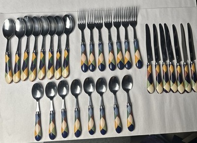 30 Pc Harlequin Argyle Diamond Flatware Set Multicolor Stainless