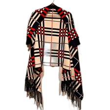 Cherie Bliss Shaw Scarf Shrug Sweater Red Blue White Plaid Fringe Women's OS