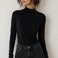 Good American Black Bodysuit Ruched Mock Neck Medium Minimalist Dark Academia