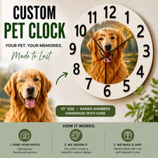 Handmade Custom Pet Photo Wall Clock Personalized Dog Cat Portrait Memorial Gift
